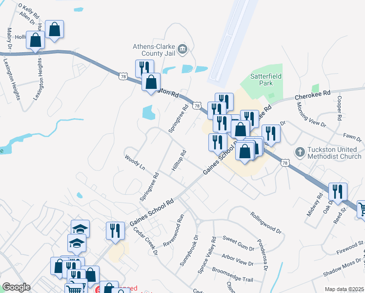 map of restaurants, bars, coffee shops, grocery stores, and more near 201 Hilltop Road in Athens