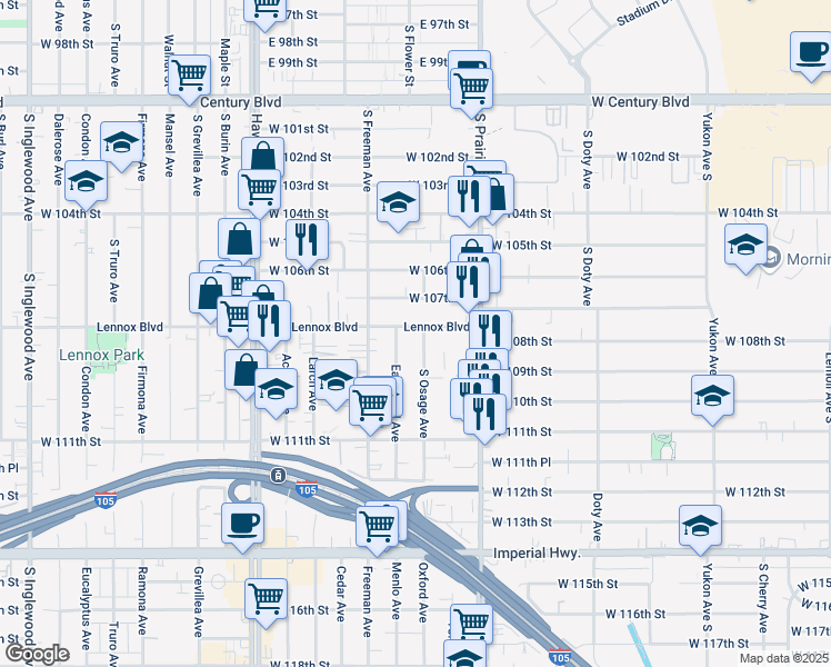 map of restaurants, bars, coffee shops, grocery stores, and more near 4106 Lennox Boulevard in Inglewood