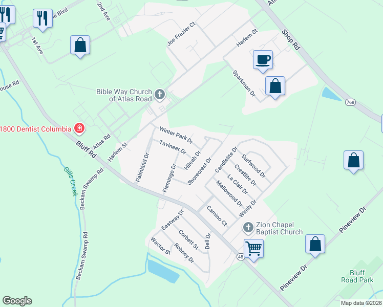 map of restaurants, bars, coffee shops, grocery stores, and more near 4116 Tavineer Drive in Columbia