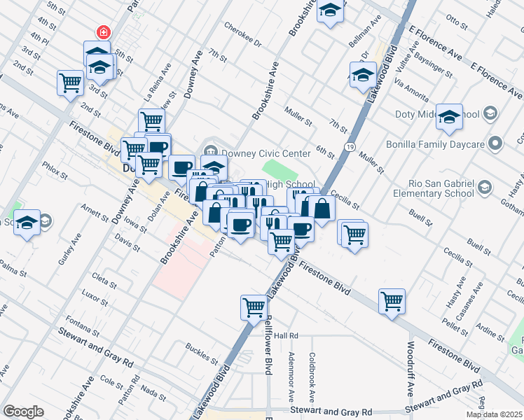map of restaurants, bars, coffee shops, grocery stores, and more near 11040 Brookshire Avenue in Downey