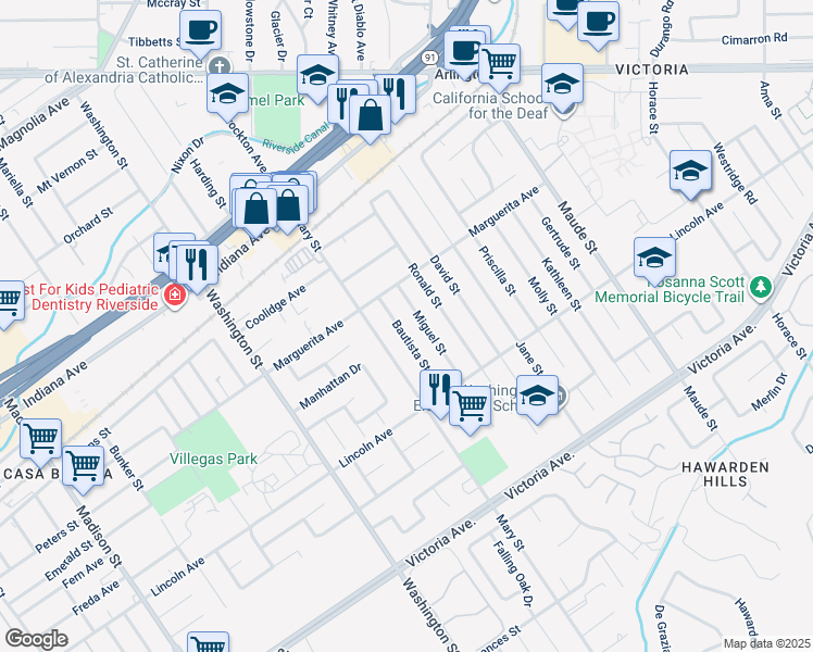 map of restaurants, bars, coffee shops, grocery stores, and more near 3035 Bautista Street in Riverside