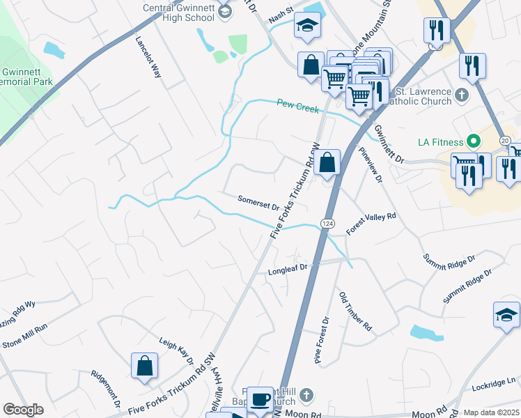 map of restaurants, bars, coffee shops, grocery stores, and more near 664 Somerset Drive in Lawrenceville