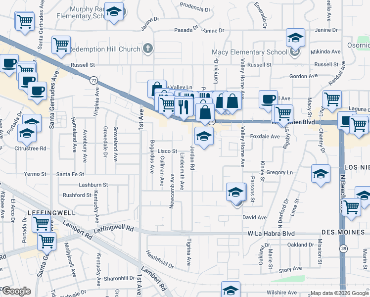 map of restaurants, bars, coffee shops, grocery stores, and more near 16357 Lisco Street in Whittier