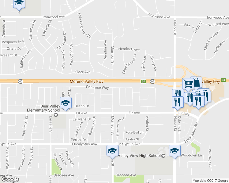 map of restaurants, bars, coffee shops, grocery stores, and more near 12631 Magnolia Drive in Moreno Valley