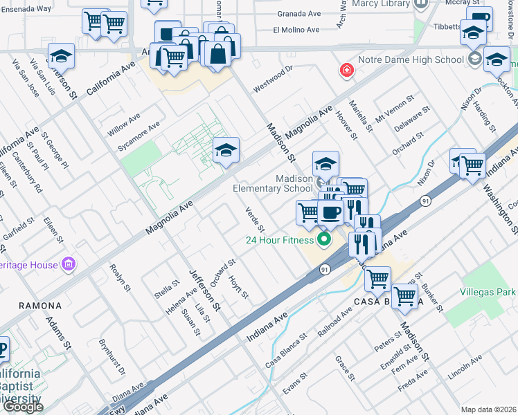 map of restaurants, bars, coffee shops, grocery stores, and more near 3675 Verde Street in Riverside