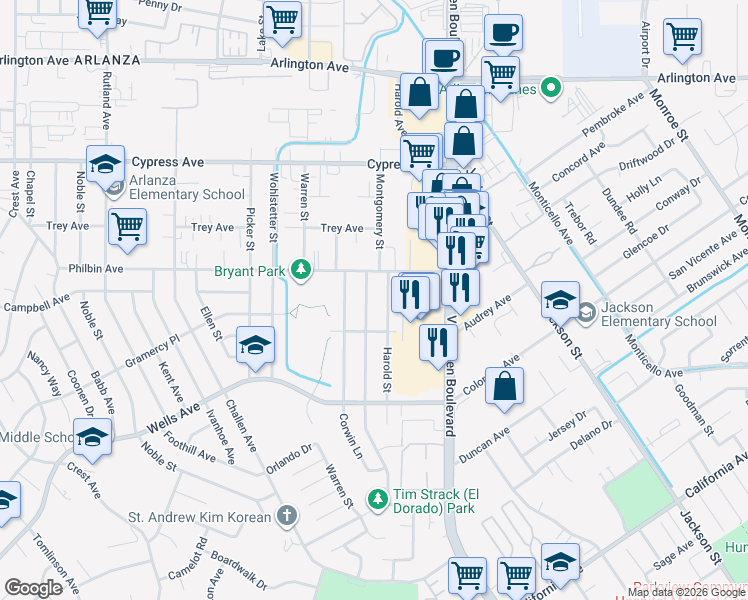 map of restaurants, bars, coffee shops, grocery stores, and more near 5611 Montgomery Street in Riverside