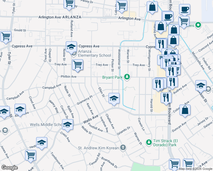 map of restaurants, bars, coffee shops, grocery stores, and more near 8400 Gramercy Place in Riverside