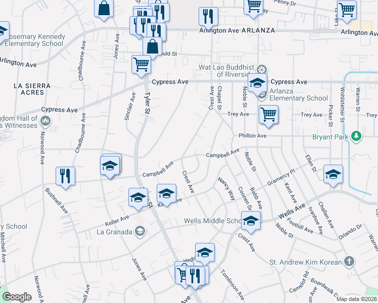 map of restaurants, bars, coffee shops, grocery stores, and more near 10057 Overton Avenue in Riverside