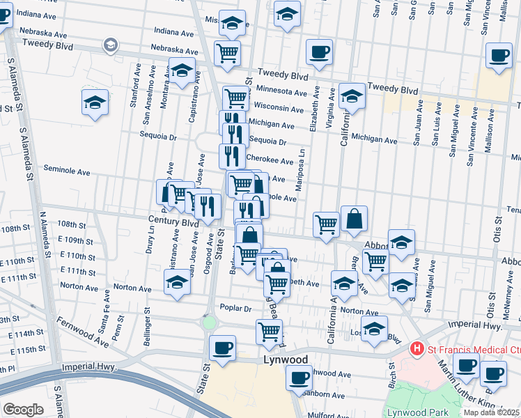map of restaurants, bars, coffee shops, grocery stores, and more near in Lynwood