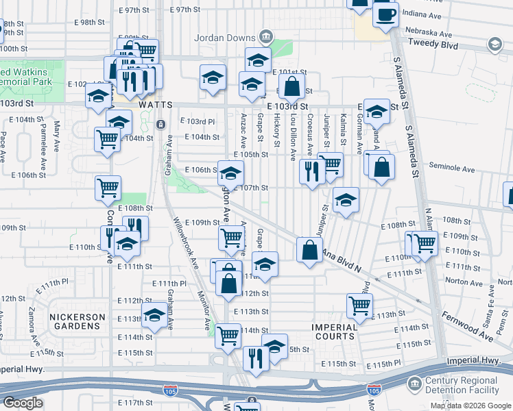 map of restaurants, bars, coffee shops, grocery stores, and more near 1968 Santa Ana Boulevard North in Los Angeles