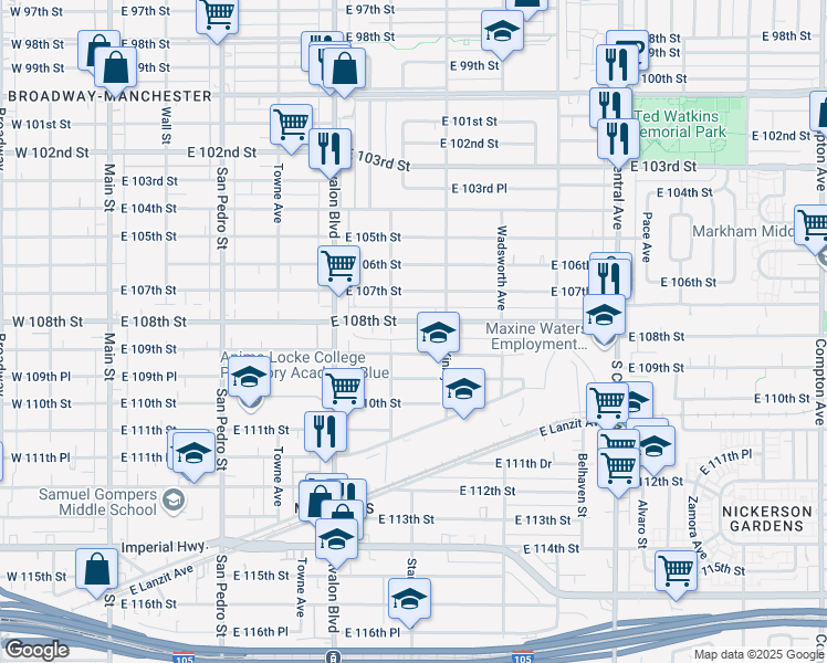 map of restaurants, bars, coffee shops, grocery stores, and more near 741 East 109th Street in Los Angeles