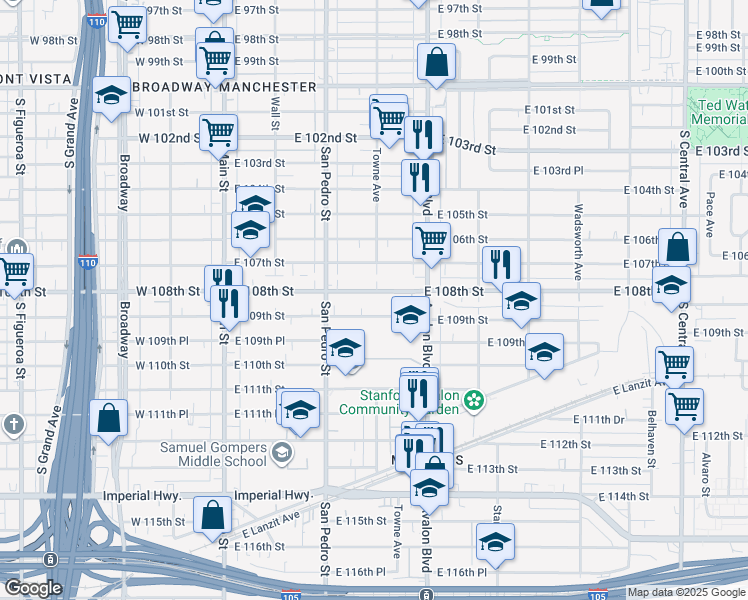 map of restaurants, bars, coffee shops, grocery stores, and more near 357 East 109th Street in Los Angeles