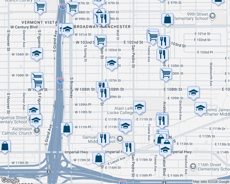 map of restaurants, bars, coffee shops, grocery stores, and more near 155 East 109th Street in Los Angeles