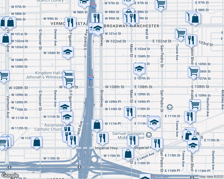 map of restaurants, bars, coffee shops, grocery stores, and more near 203 West 109th Street in Los Angeles