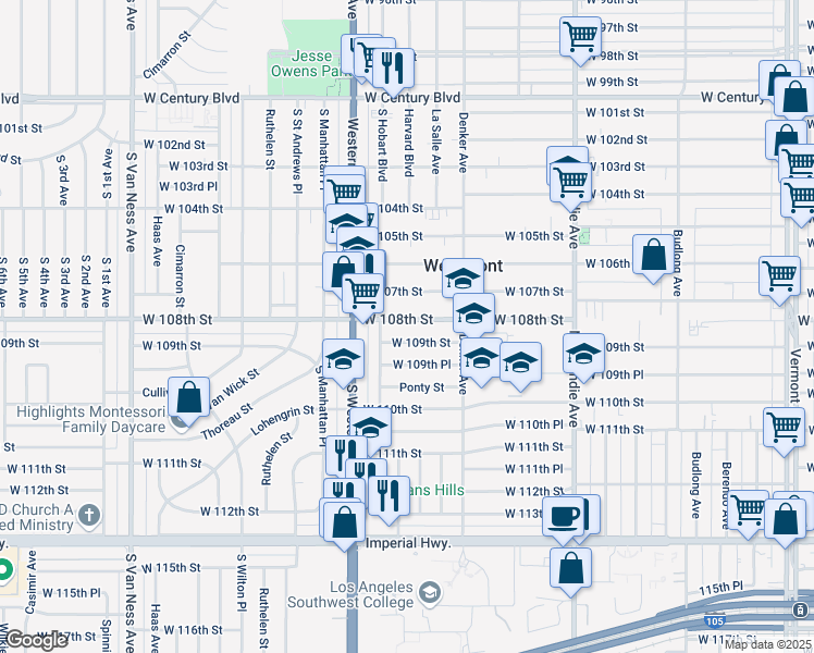 map of restaurants, bars, coffee shops, grocery stores, and more near 1649 West 109th Street in Los Angeles
