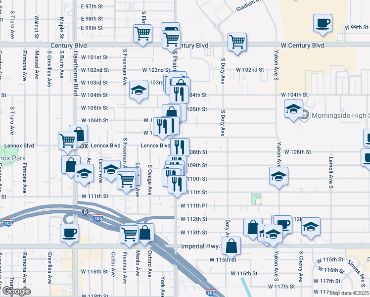 map of restaurants, bars, coffee shops, grocery stores, and more near 3920 West 108th Street in Inglewood