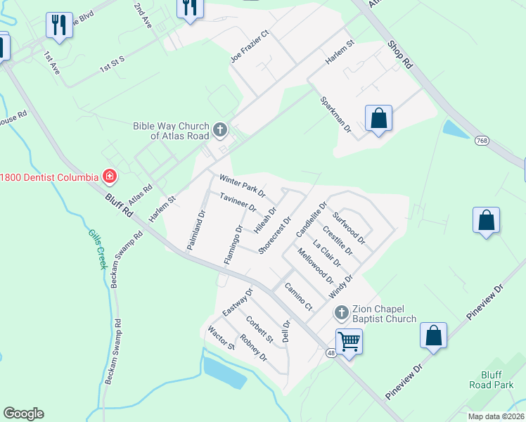 map of restaurants, bars, coffee shops, grocery stores, and more near 4116 Tavineer Drive in Columbia