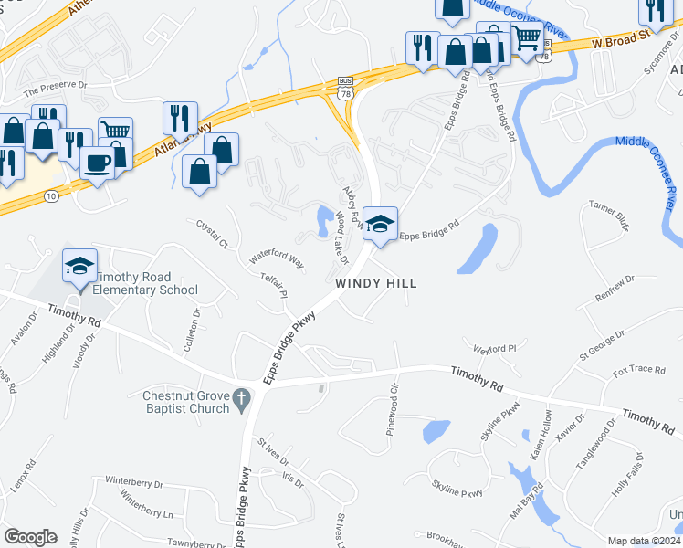 map of restaurants, bars, coffee shops, grocery stores, and more near 365 Epps Bridge Parkway in Athens