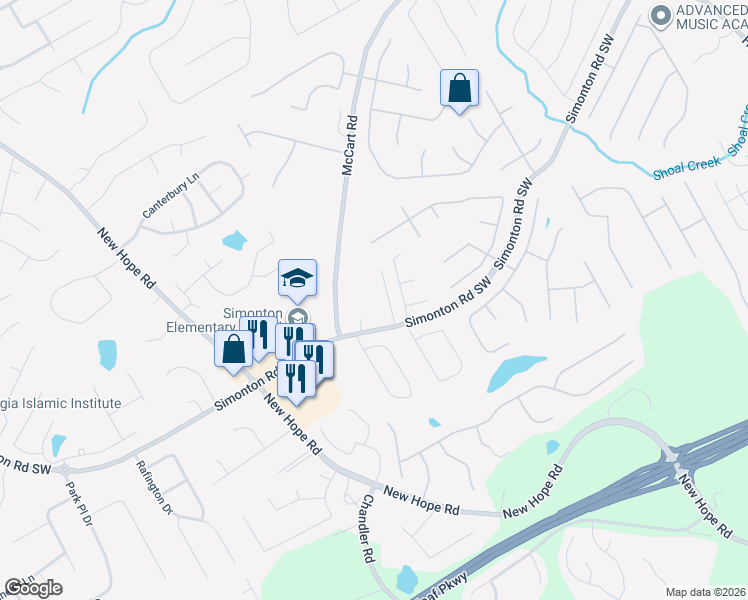 map of restaurants, bars, coffee shops, grocery stores, and more near 425 Simonton Road Southwest in Lawrenceville