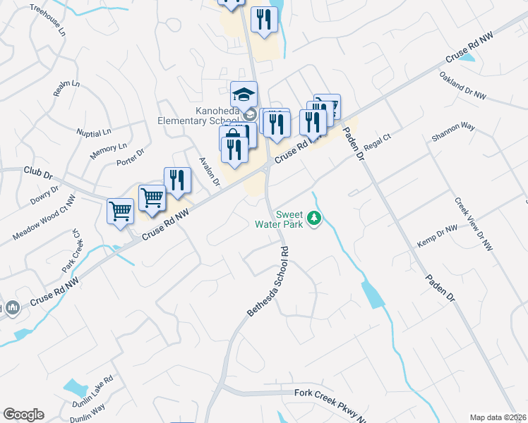 map of restaurants, bars, coffee shops, grocery stores, and more near 793 Bethesda School Road in Lawrenceville