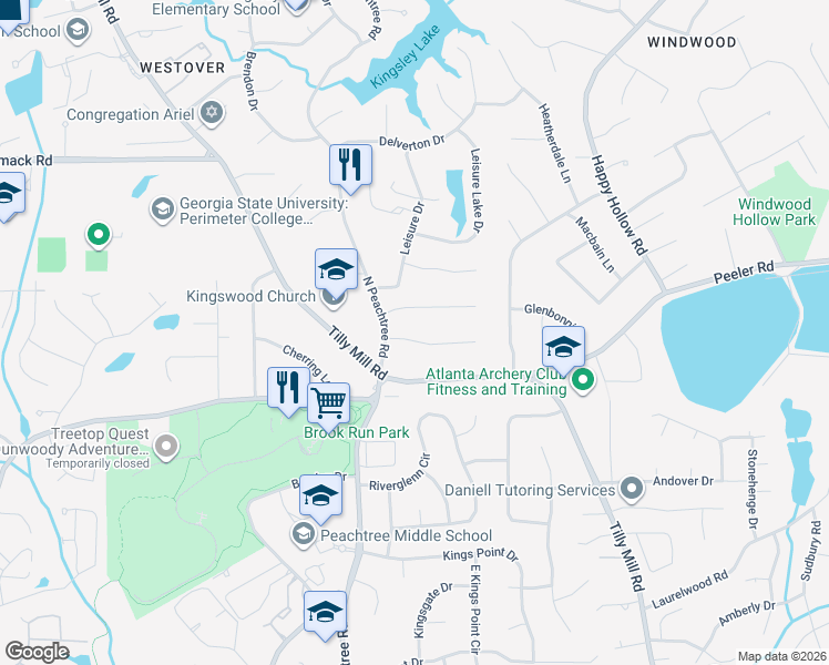 map of restaurants, bars, coffee shops, grocery stores, and more near 2323 Welton Place in Dunwoody
