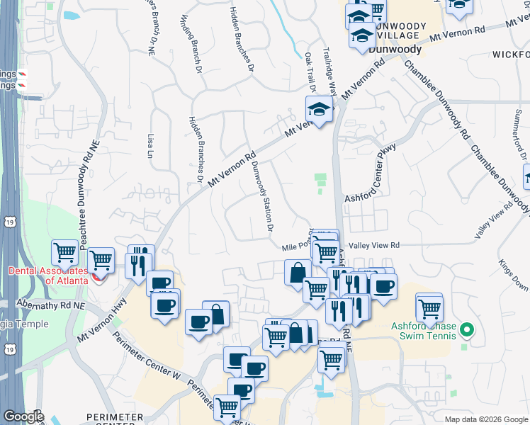 map of restaurants, bars, coffee shops, grocery stores, and more near 4776 Dunwoody Station Drive in Dunwoody