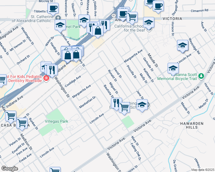 map of restaurants, bars, coffee shops, grocery stores, and more near 3035 Bautista Street in Riverside