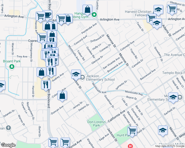 map of restaurants, bars, coffee shops, grocery stores, and more near 8961 San Vicente Avenue in Riverside