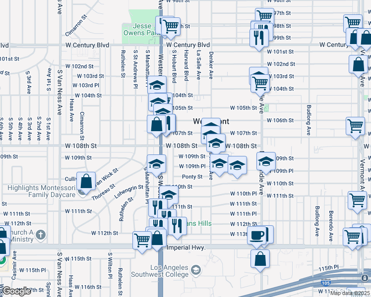 map of restaurants, bars, coffee shops, grocery stores, and more near 1649 West 109th Street in Los Angeles