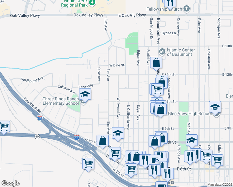 map of restaurants, bars, coffee shops, grocery stores, and more near 1121 Wellwood Avenue in Beaumont