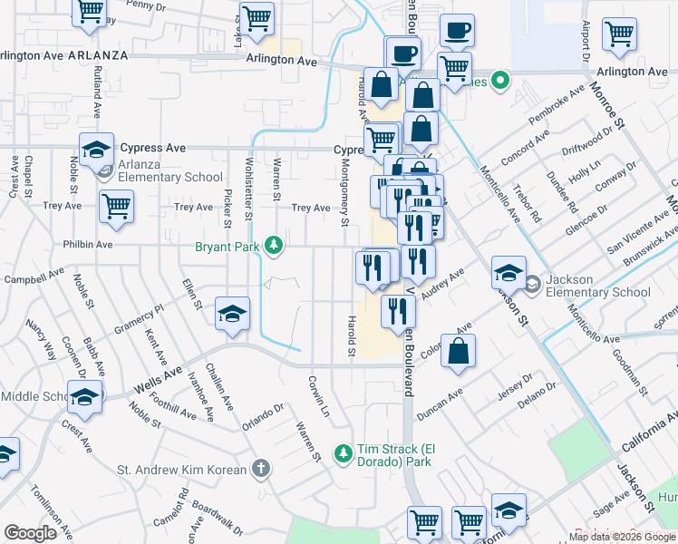 map of restaurants, bars, coffee shops, grocery stores, and more near 5653 Montgomery Street in Riverside