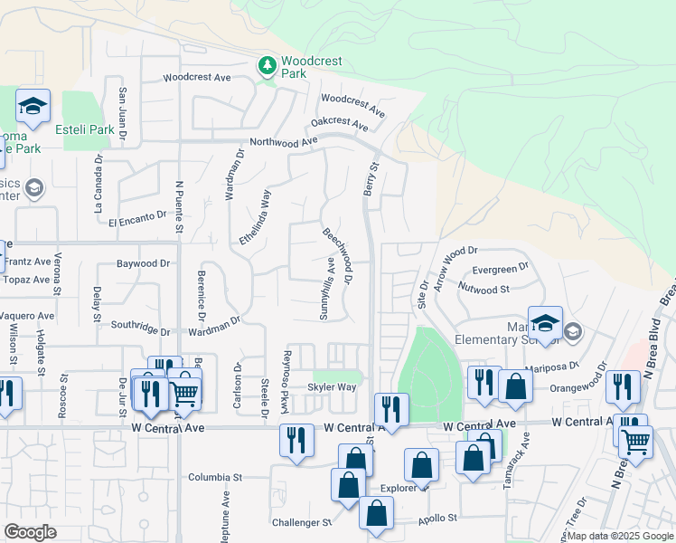 map of restaurants, bars, coffee shops, grocery stores, and more near 1168 Beechwood Drive in Brea