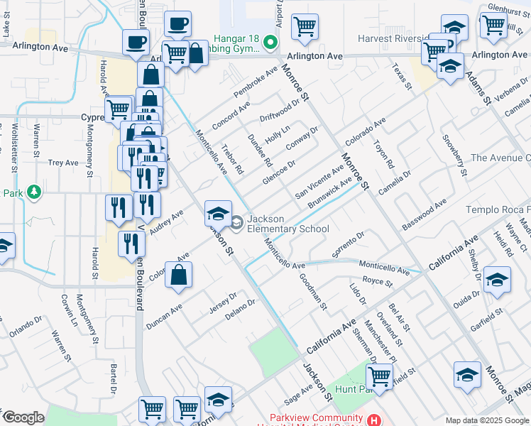 map of restaurants, bars, coffee shops, grocery stores, and more near 8961 San Vicente Avenue in Riverside