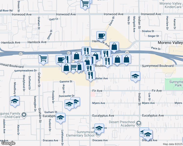 map of restaurants, bars, coffee shops, grocery stores, and more near 12576 Heacock Street in Moreno Valley