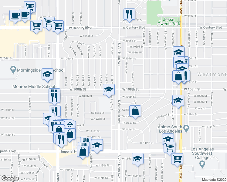 map of restaurants, bars, coffee shops, grocery stores, and more near 10800 Spinning Avenue South in Inglewood