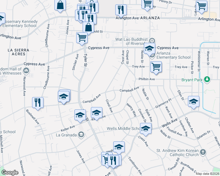 map of restaurants, bars, coffee shops, grocery stores, and more near 10057 Overton Avenue in Riverside