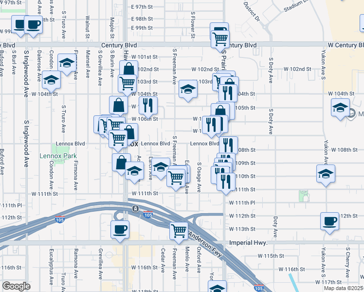 map of restaurants, bars, coffee shops, grocery stores, and more near 4144 Lennox Boulevard in Inglewood