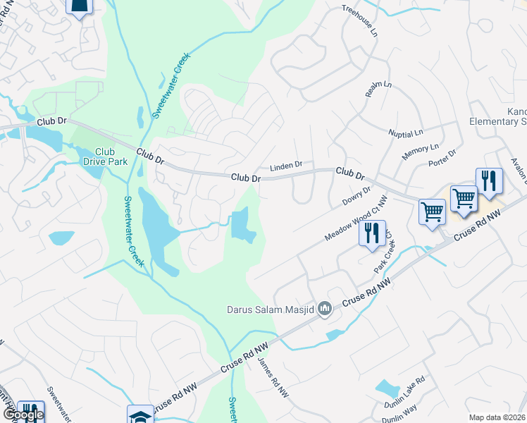 map of restaurants, bars, coffee shops, grocery stores, and more near 3100 Club Drive in Lawrenceville