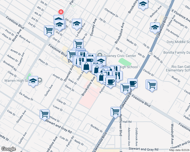 map of restaurants, bars, coffee shops, grocery stores, and more near in Downey