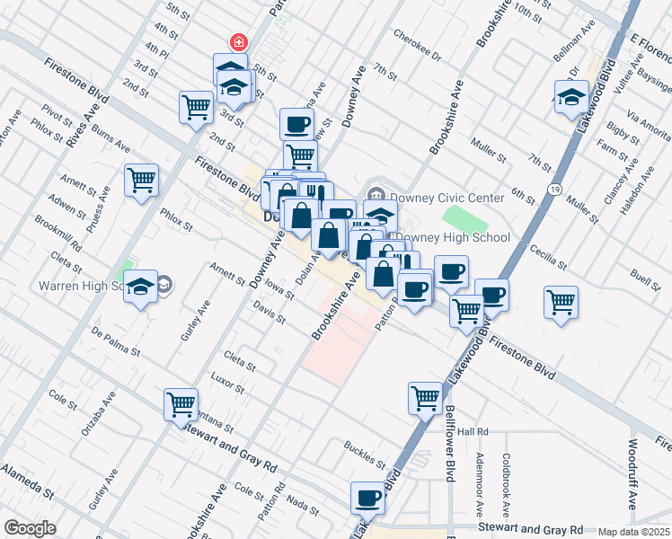 map of restaurants, bars, coffee shops, grocery stores, and more near 8432 Firestone Boulevard in Downey