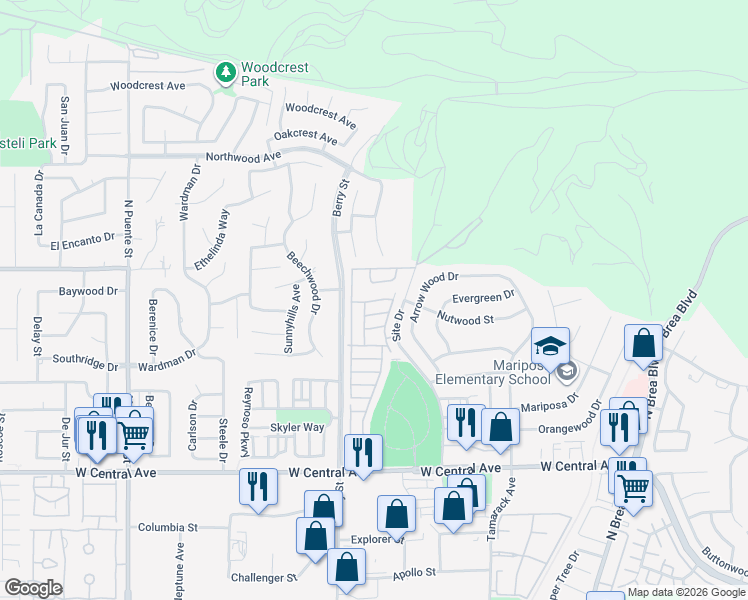 map of restaurants, bars, coffee shops, grocery stores, and more near 1051 Site Drive in Brea