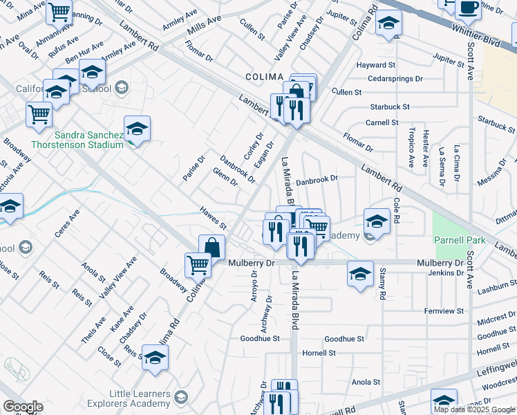 map of restaurants, bars, coffee shops, grocery stores, and more near 14822 Dunton Drive in Whittier