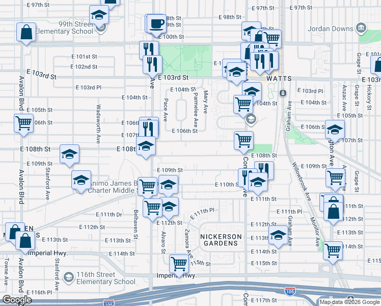 map of restaurants, bars, coffee shops, grocery stores, and more near 1359 East 108th Street in Los Angeles