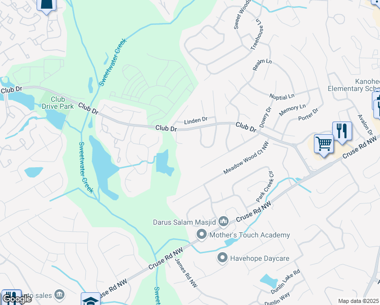 map of restaurants, bars, coffee shops, grocery stores, and more near 3100 Club Drive in Lawrenceville