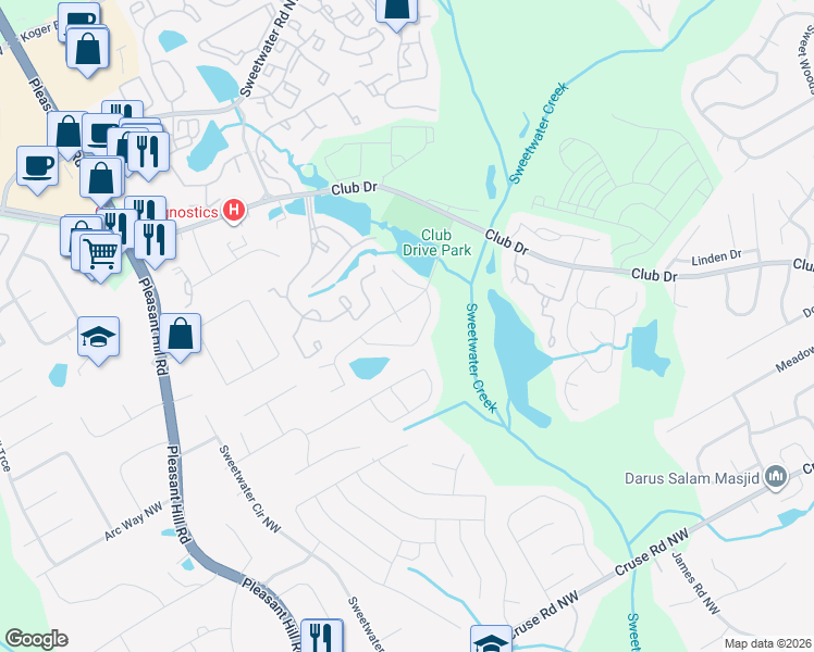 map of restaurants, bars, coffee shops, grocery stores, and more near 3356 Hollow Court Northwest in Lawrenceville
