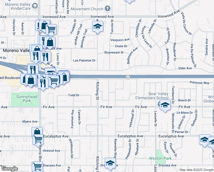 map of restaurants, bars, coffee shops, grocery stores, and more near 12561 Willow Tree Avenue in Moreno Valley