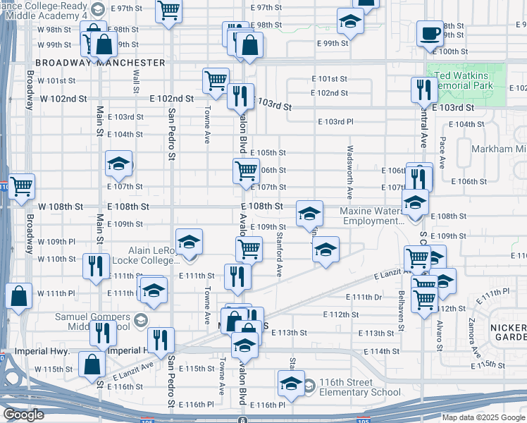 map of restaurants, bars, coffee shops, grocery stores, and more near 630 East 108th Street in Los Angeles