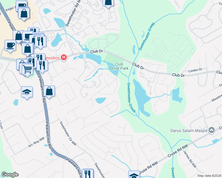 map of restaurants, bars, coffee shops, grocery stores, and more near 3356 Hollow Court Northwest in Lawrenceville
