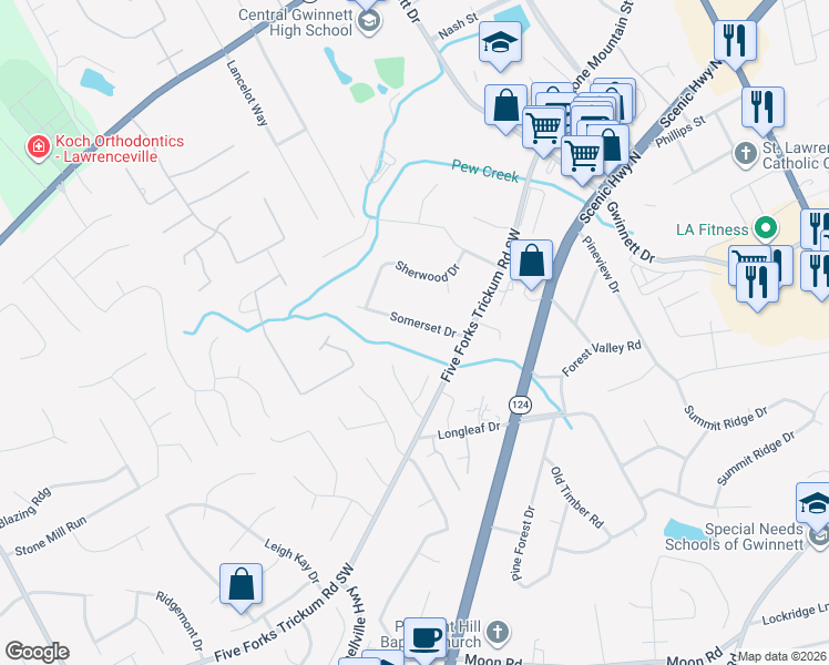 map of restaurants, bars, coffee shops, grocery stores, and more near 676 Somerset Drive in Lawrenceville