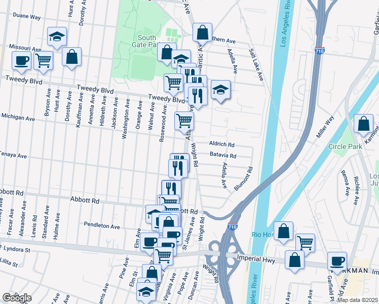 map of restaurants, bars, coffee shops, grocery stores, and more near 10240 Atlantic Avenue in South Gate